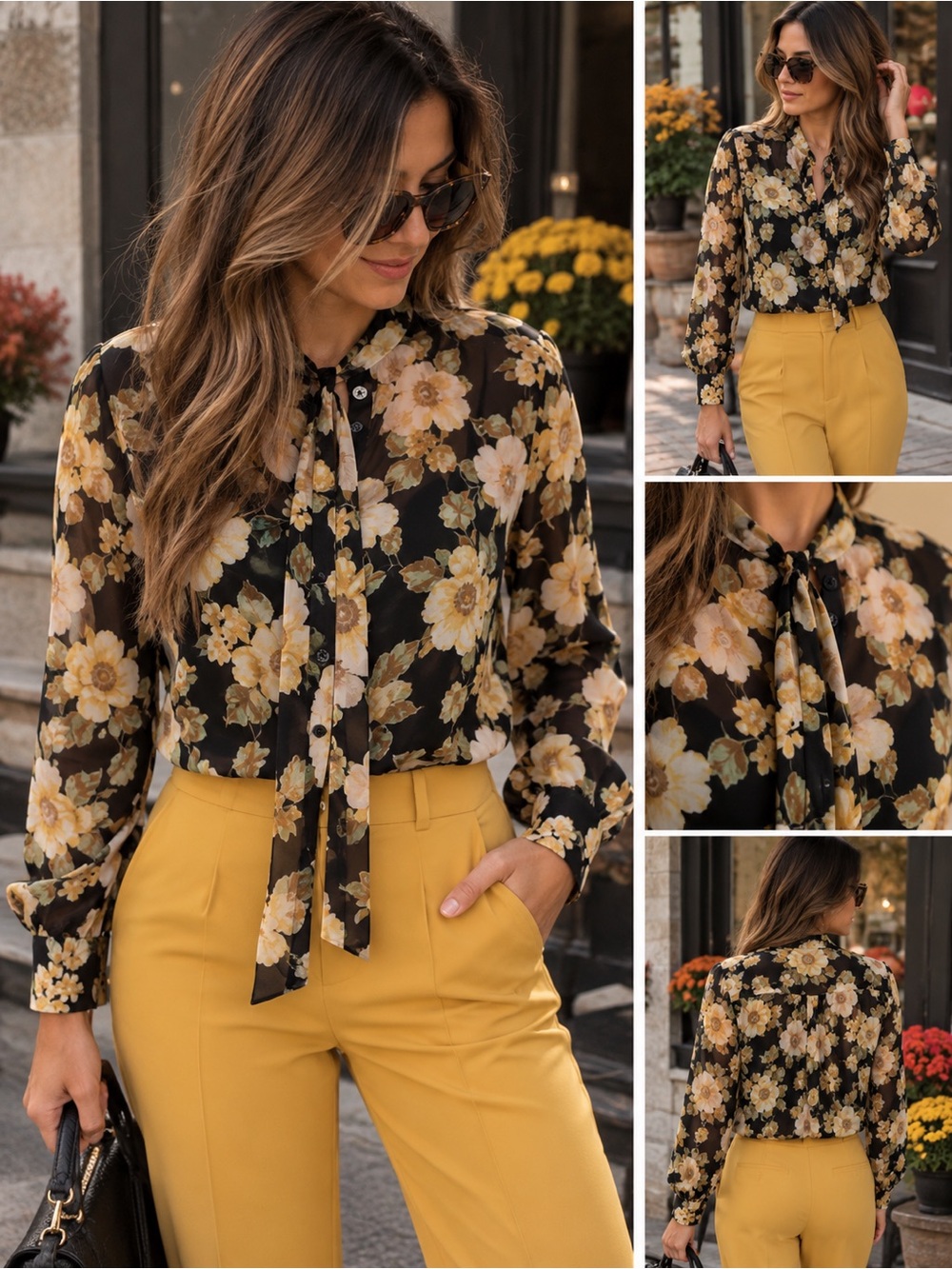 Forever 21 Black Floral Tie-Front Blouse - Size Small